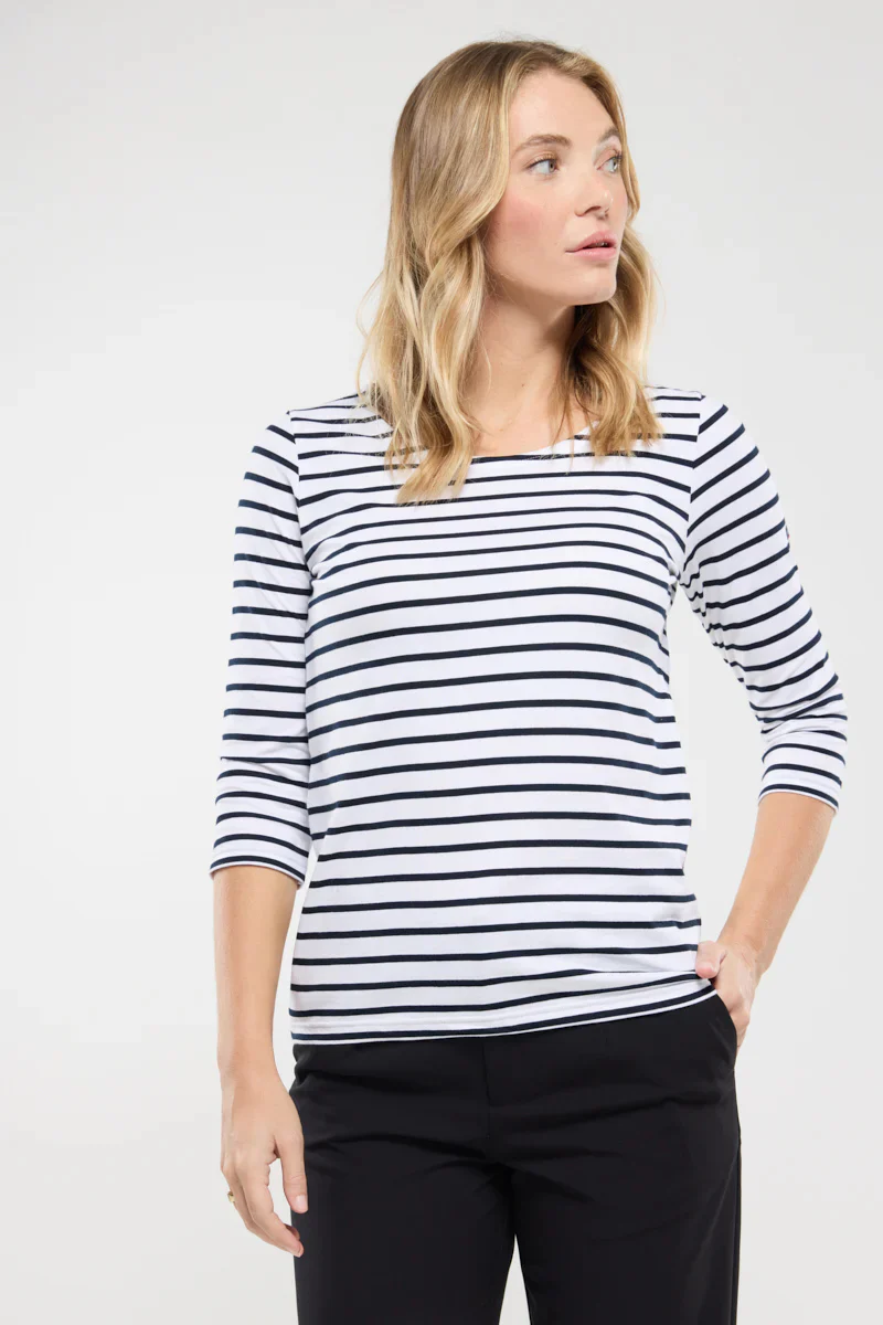 ARMOR LUX LADIES 3/4 SLEEVE T-SHIRT - WHITE/ RICH NAVY - Image 3