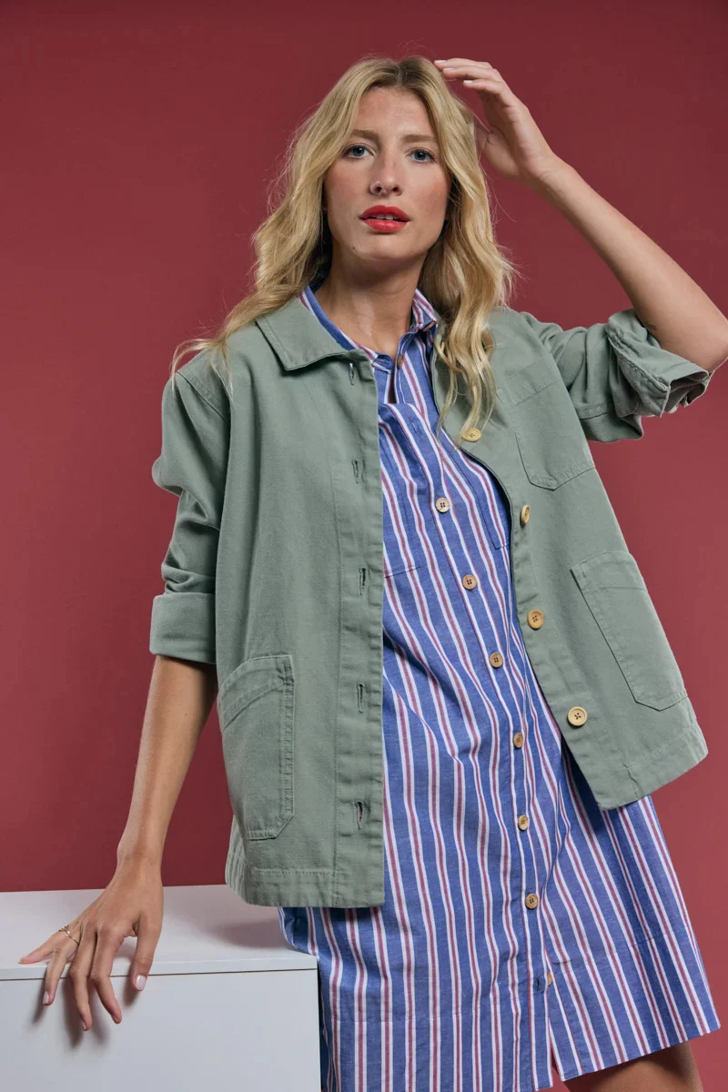 ARMOR LUX STRIPED SHIRT DRESS - SEAL/ECRU/ ROUGE - Image 11
