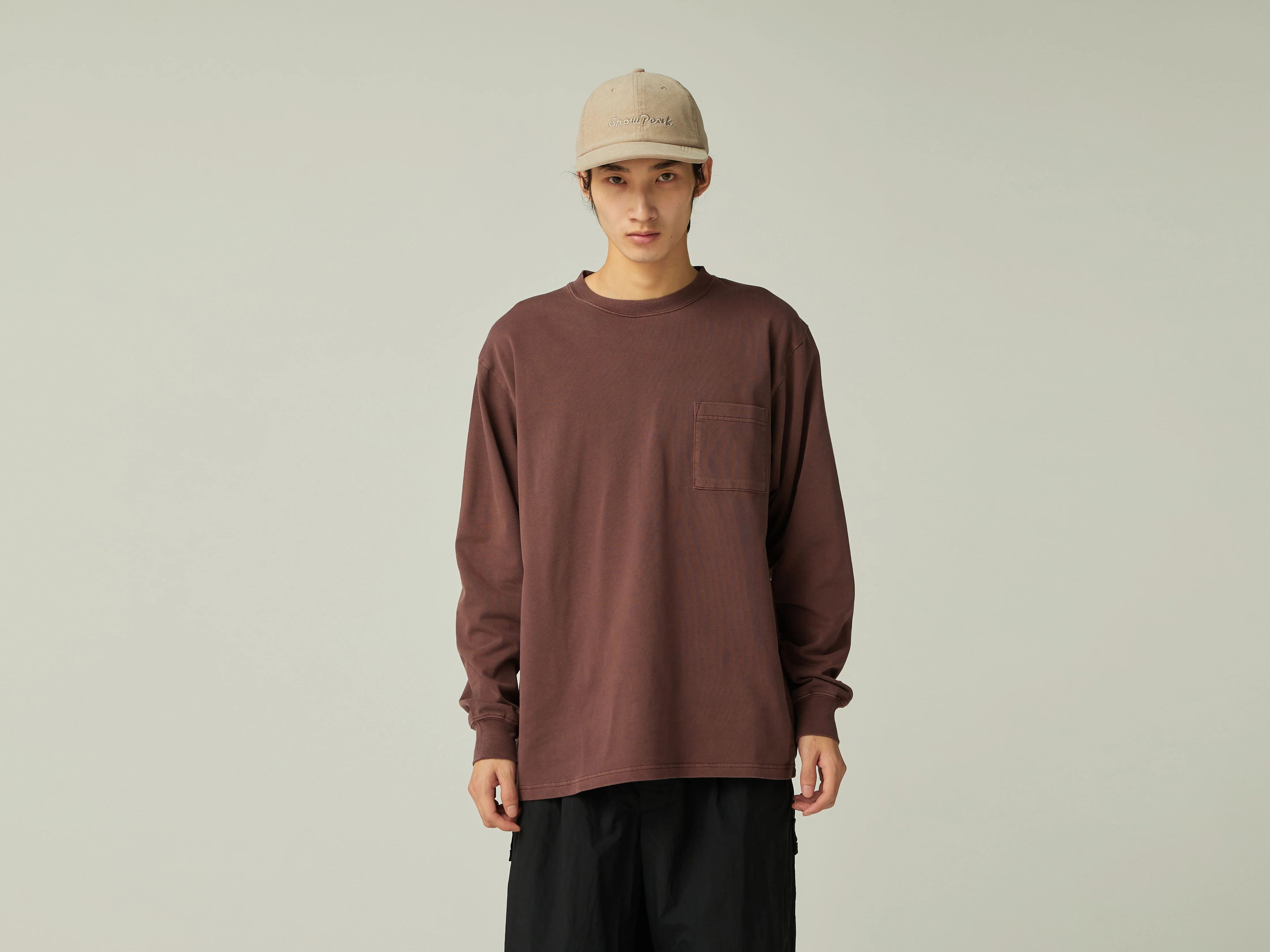 SNOW PEAK GARMENT DYED L/S T-SHIRT - BURGUNDY - Image 3