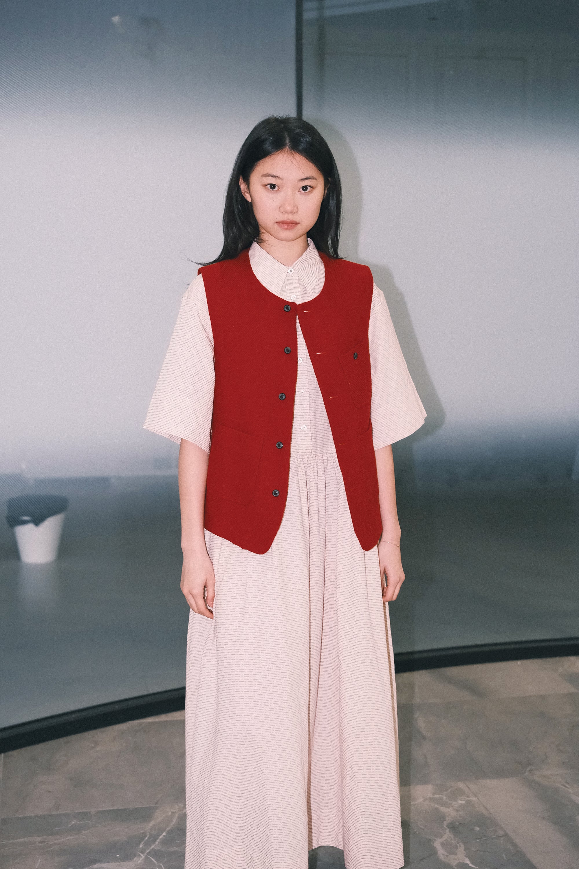 WORK WORKS OVERSIZED GATHERED PULLOVER DRESS - RED TEXTURED - Image 4